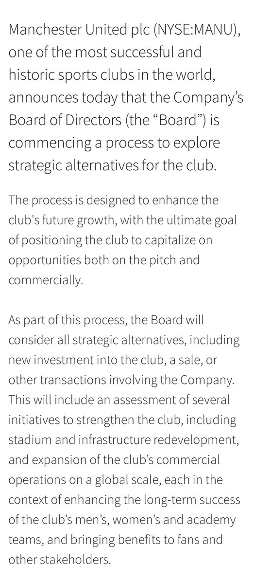 MUFCScoop's tweet photo. Full Manchester United statement on process to explore strategic alternatives to enhance the club’s growth #MUFC https://t.co/j6N6LQsPS0