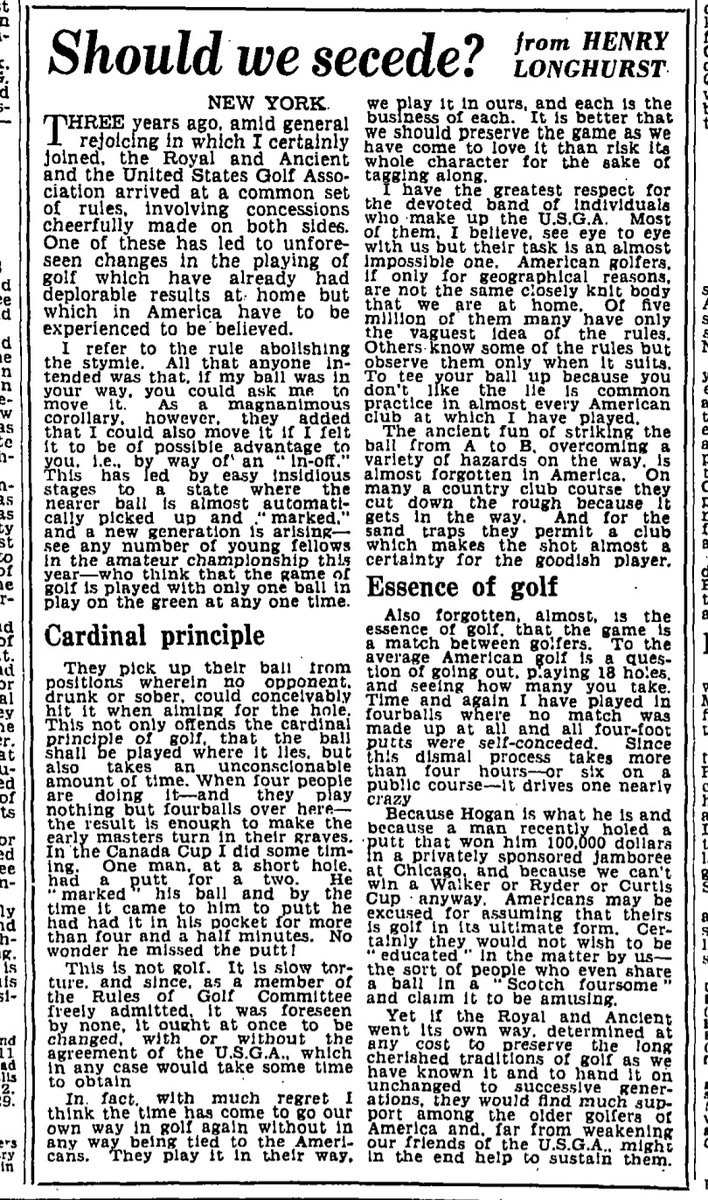 GolfChronicle's tweet photo. @SProctorGolf @SandAGolfClub 1954 Longhurst writing for The Times from New York in slightly mischievous mood. #stymie https://t.co/FT0g05GCOJ