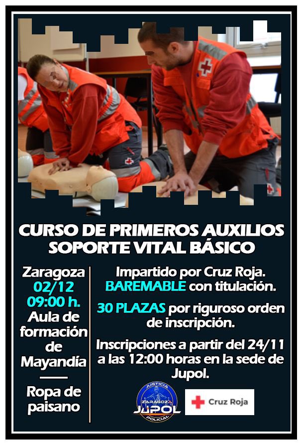 Jupol_Zaragoza's tweet photo. 🚨Curso PRIMEROS AUXILIOS SOPORTE VITAL BÁSICO Y CONTROL DE HEMORRAGIAS impartido por @CruzRojaZgz 

📈BAREMABLE
 
3️⃣0️⃣Plazas GRATIS para afiliados (10% para alumnos) por RIGUROSO ORDEN DE INSCRIPCIÓN:

✍🏻A partir de las 12:00h del JUEVES 24N en sede JUPOL

#JupolLiderEnFormacion https://t.co/Ww0thOq3PD