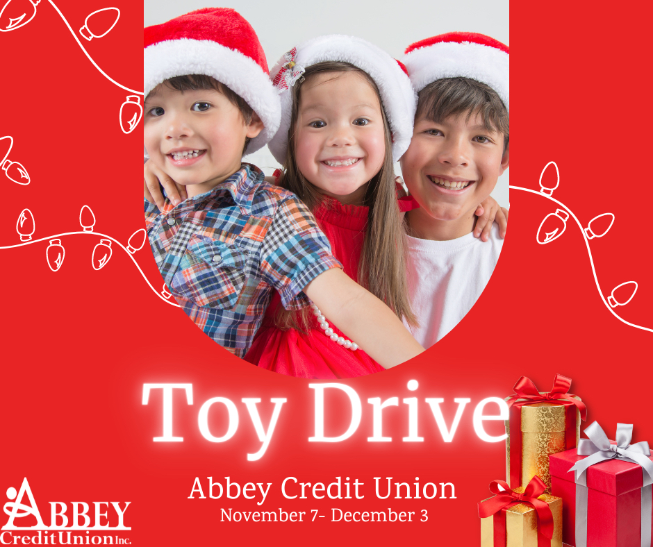 AbbeyCU's tweet photo. 🧸 Toy Drive at Abbey 🧸

Please help us in collecting new unwrapped toys this holiday season! From now to December 3rd, you can drop off donations to any Abbey branch! These toys will be available for families in need during the Partners in Hope Christmas Shop. https://t.co/TpojD0C1NY