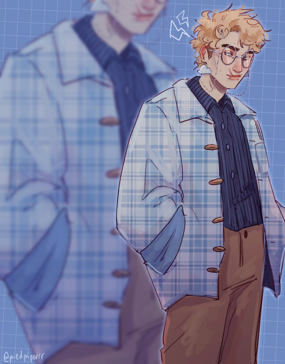 blonde hair male focus 1boy glasses shirt brown pants zoom layer  illustration images