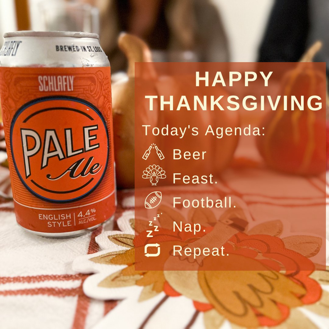 Happy Thanksgiving to all our friends and family in our Schlafly community. We hope everyone has a healthy and happy holiday. We're closed today, but we will see you at the brewpubs tomorrow! 🦃🍂