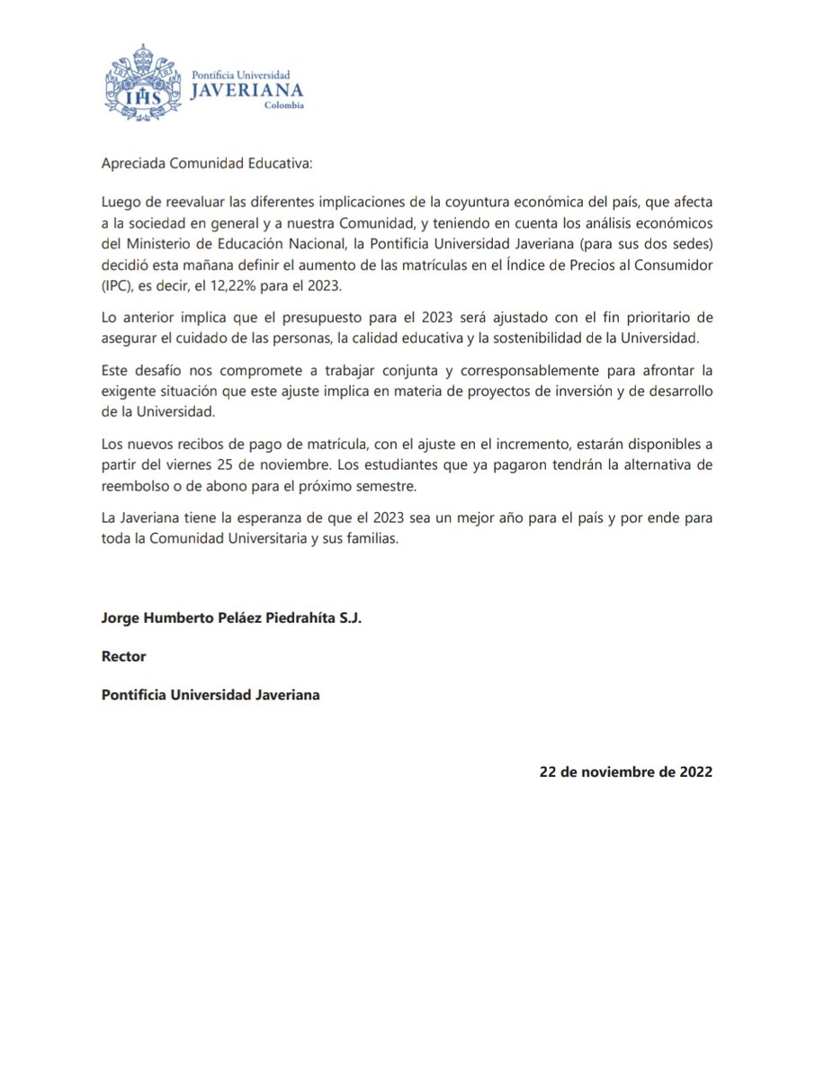 javerianacali's tweet photo. Estimada comunidad javeriana compartimos con ustedes el comunicado sobre el ajuste del incremento para el pago de las matrículas 2023 https://t.co/RbLNwDOCLe