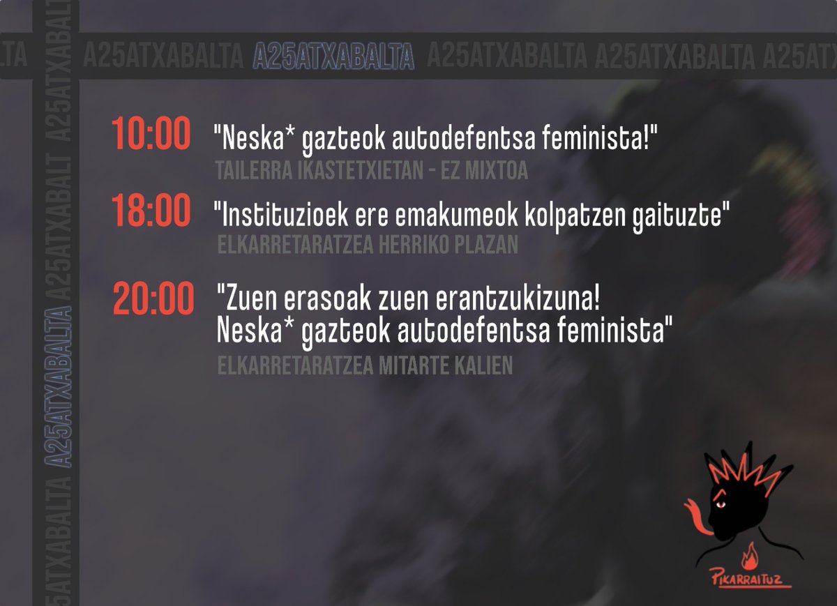 " ZUEN ERASOAK ZUEN ERANTZUKIZUNA! Neska* gazteok autodefentsa feminista! "

Pikarraituzetik Atxabaltako neska* gazte danei animetan zaitxuztegu ostiral honetan antolatutako mobilizaziñuan parte hartzera!

20:00 Mitarte kalien!

#ElkarZaintzeaErradikalaDelako
#Neska*GazteokADF