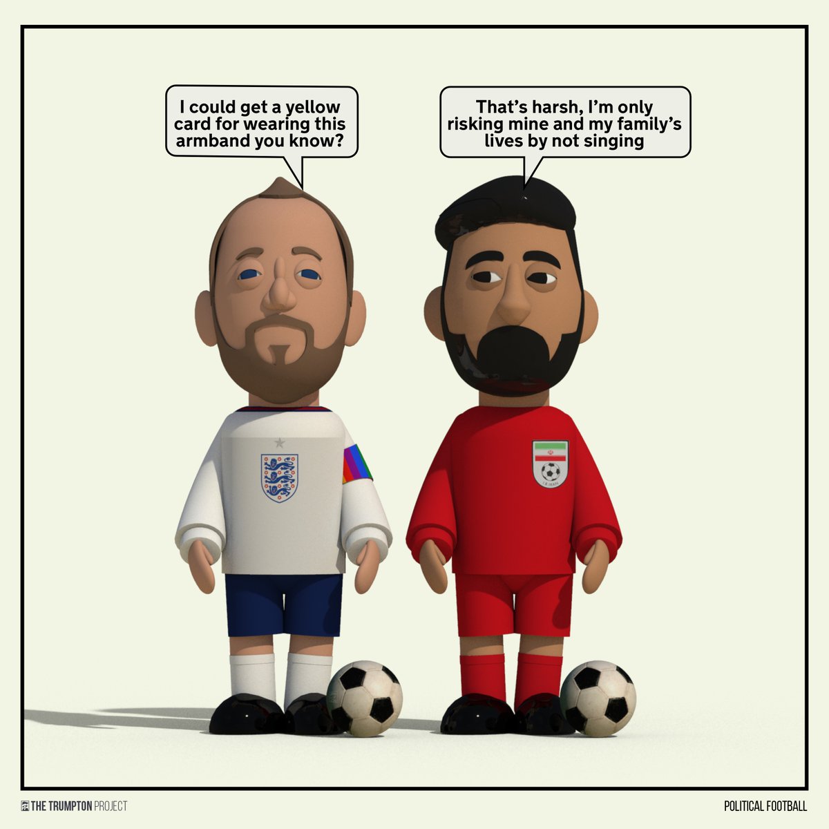 Trump_ton's tweet photo. “I could get a yellow card for wearing this armband you know?”

“That’s harsh, I’m only risking mine and my family’s lives by not singing”

#WorldCupProtest https://t.co/d5eU1jD60H