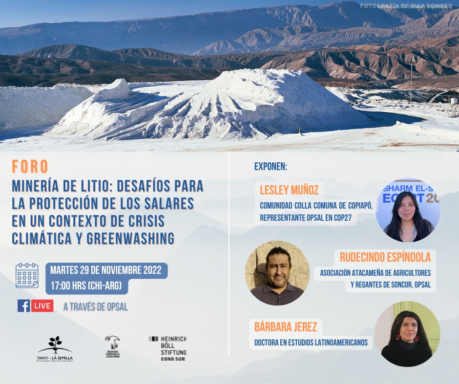 📅📌 Las y los invitamos a participar este martes 29 de noviembre a las 17:00 horas (Chile-ARG) en el foro “Minería del Litio: desafíos para la protección de los Salares en un contexto de crisis climática y greenwashing”.
📲Más info e inscripciones en salares.org/2022/11/22/for…