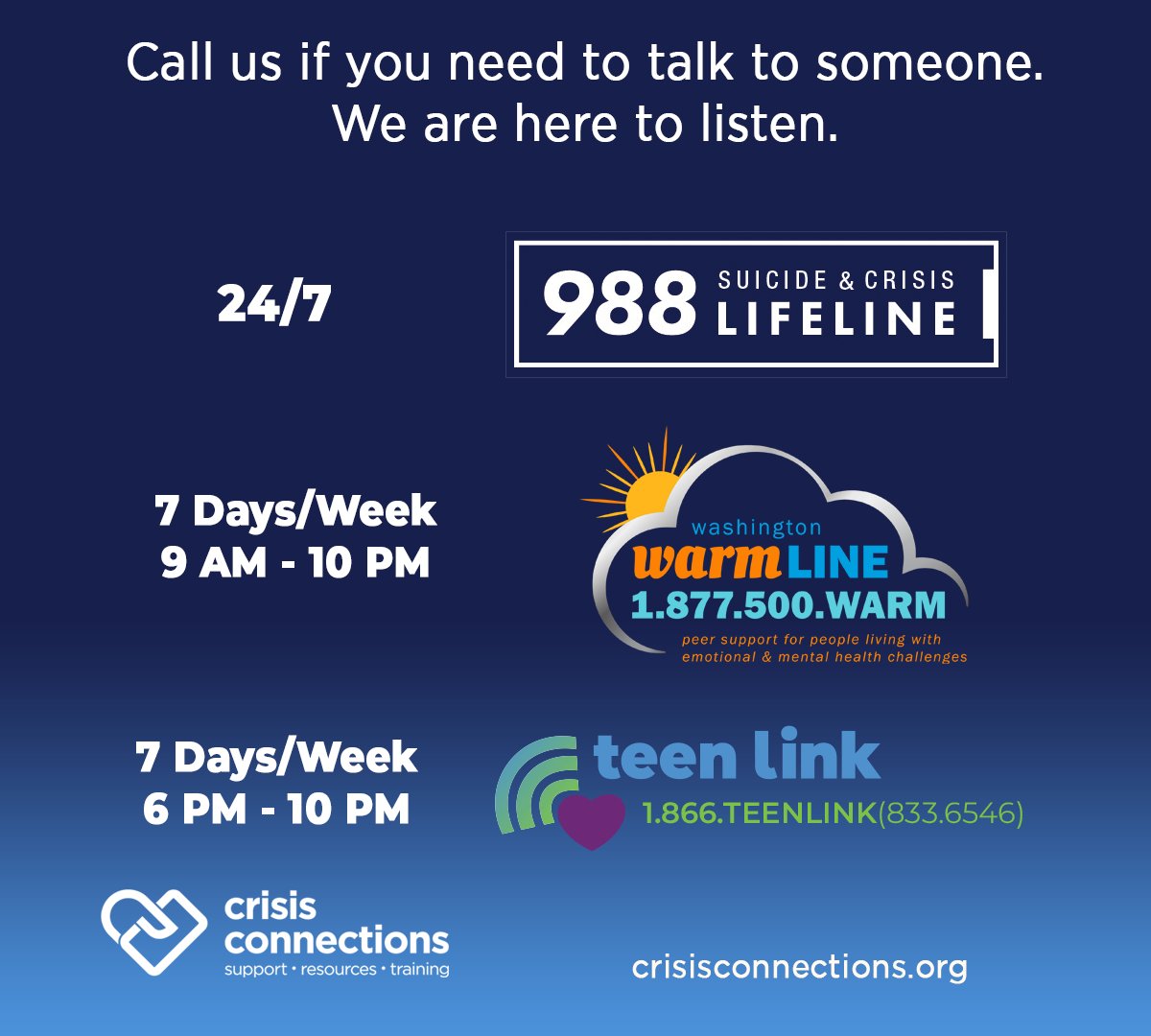 WaRecoveryHelp's tweet image. Our support and care are with the Colorado Springs LGBTQIA+ community. Acts of violence impact all of us differently. If you are experiencing grief, anxiety or just need to talk—please reach out. We are here to listen. 
ow.ly/KbOY50LLvTJ