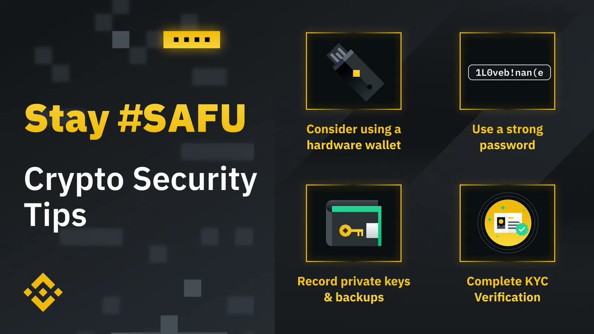 binance's tweet photo. As fellow members of the #Binance community, we must work together to keep our ecosystem #SAFU.

To help make this possible, it’s important to keep these security habits in mind. https://t.co/GsGoWpSQbL