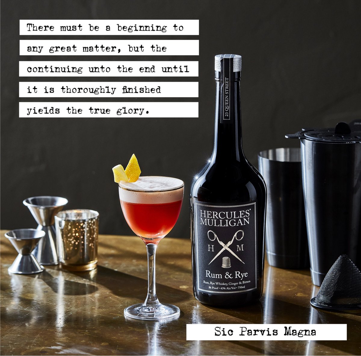 SIC PARVIS MAGNA by Oscar Simoza: pour 1 1/2 ounces HERCULES MULLIGAN Rum &amp; Rye into a shaker with 1/2 ounce Foro Amaro, 3/4 ounces Gifford Strawberry Liqueur and 3/4 ounces of Fresh Lemon Juice. Shake all ingredients with ice. Double strain in a couple. Garnish with lemon peel.