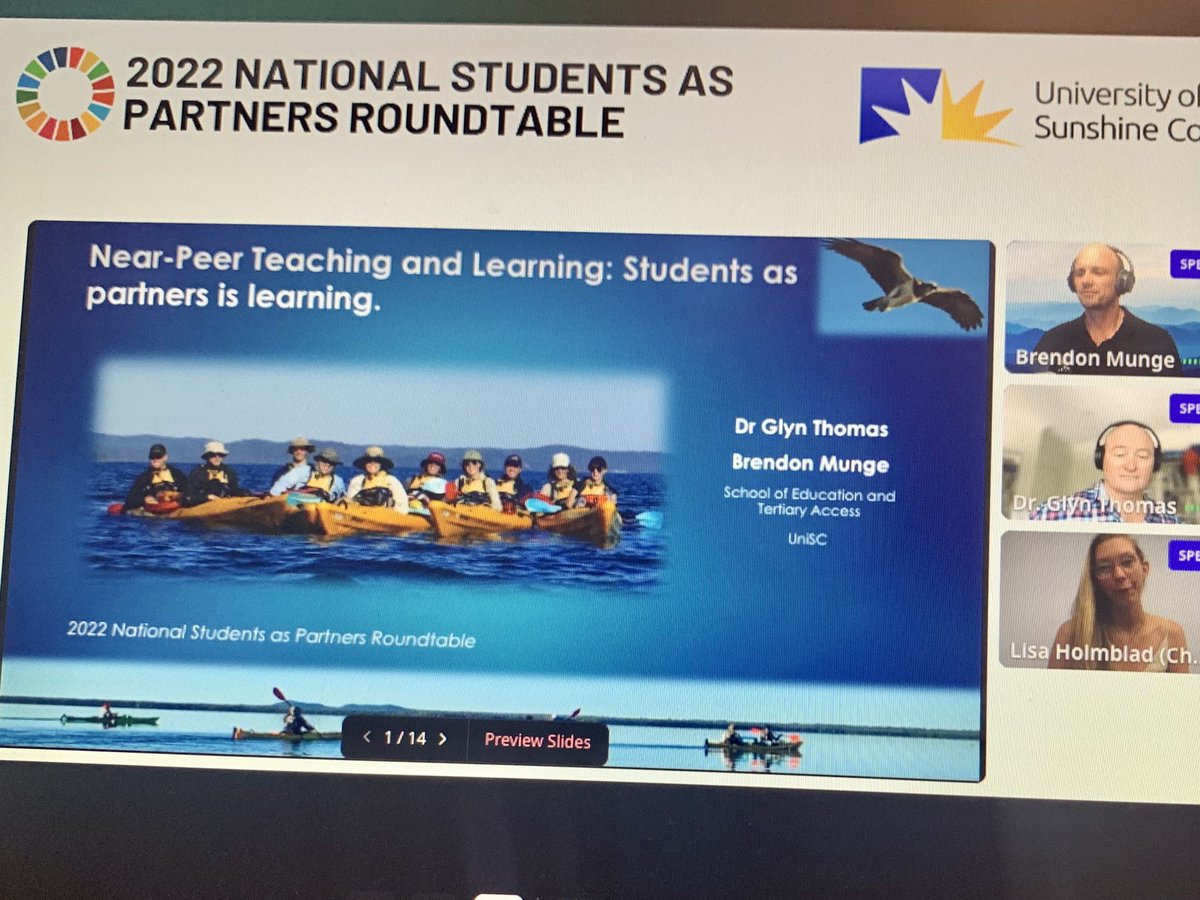 BrendonMunge's tweet photo. Great opportunity to present w Dr Glyn Thomas to the 2022 National Students as Partners Roundtable. W a focus on developing pathways to transformative change, we discussed how we utilise near-peer teaching to build community & aid student development @usceduau #SAPRtable22 https://t.co/JZfGqp2pxV