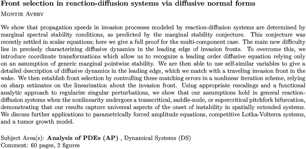 arxiv.org/abs/2211.11829…
M Avery
Front selection in reaction-diffusion systems via diffusive normal forms