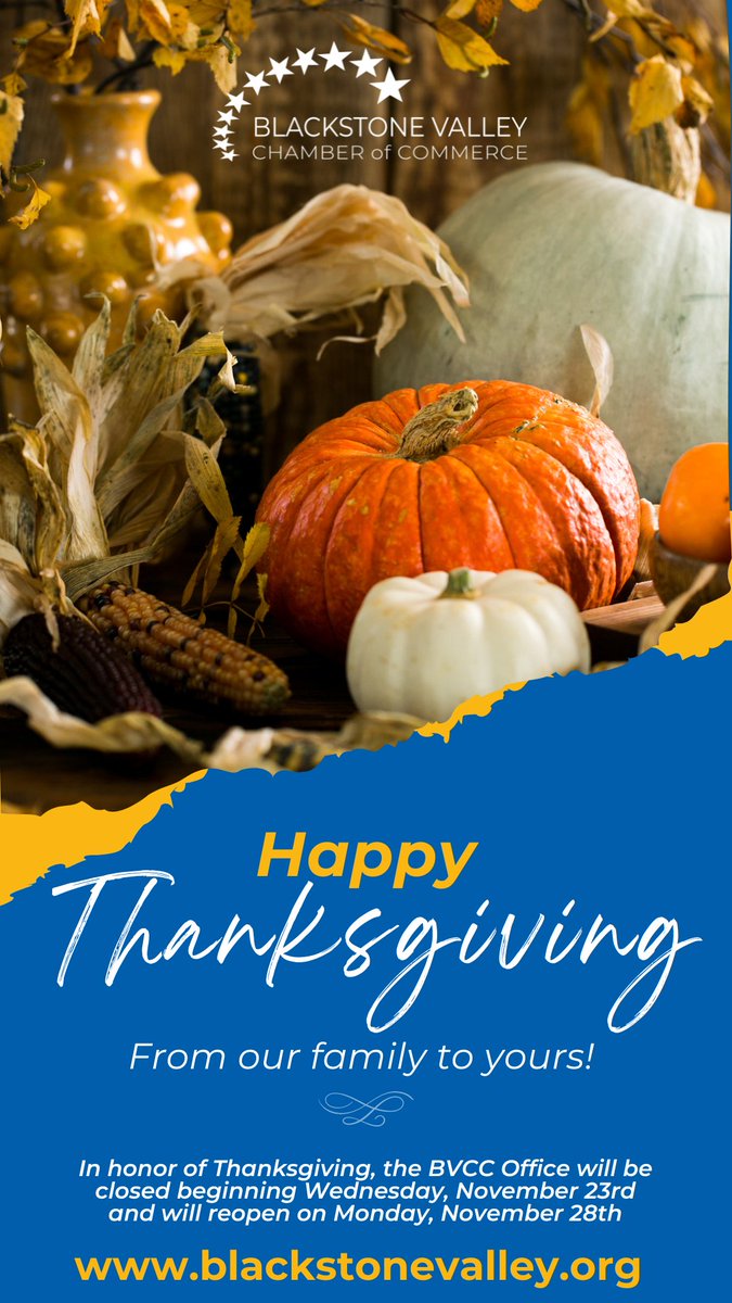 Happy Thanksgiving from our family to yours! In honor of Thanksgiving, the BVCC Office will be closed beginning Wednesday, November 23rd and will reopen on Monday, November 28th. 

#thanksgiving #happythanksgiving #givingthanks #thanks #blackstonevalley #bvcc
