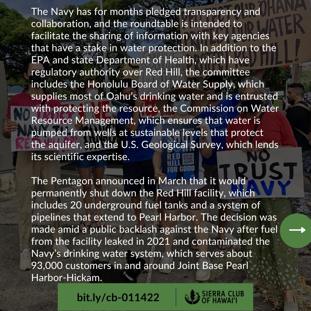 sierraclubhi's tweet image. The Navy has refused to take part in a Red Hill remediation hosted by state and federal regulators. The perpetrators of a crime against humanity are refusing to do ANYTHING to repair the damage they've done or be held accountable for their crimes.