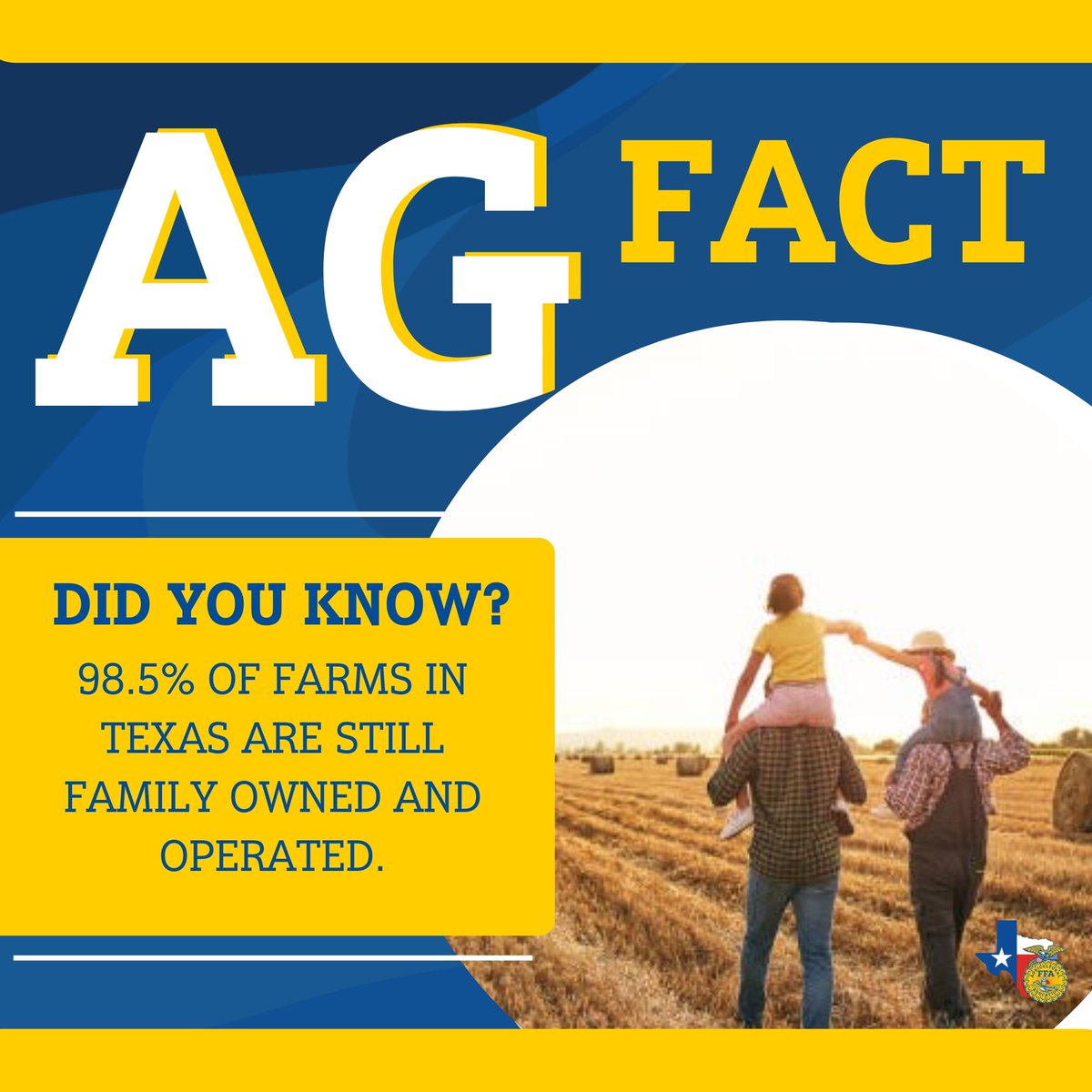 Did you know 98.5% of farms in Texas are still family owned and operated? #TexasFFA #AgFacts