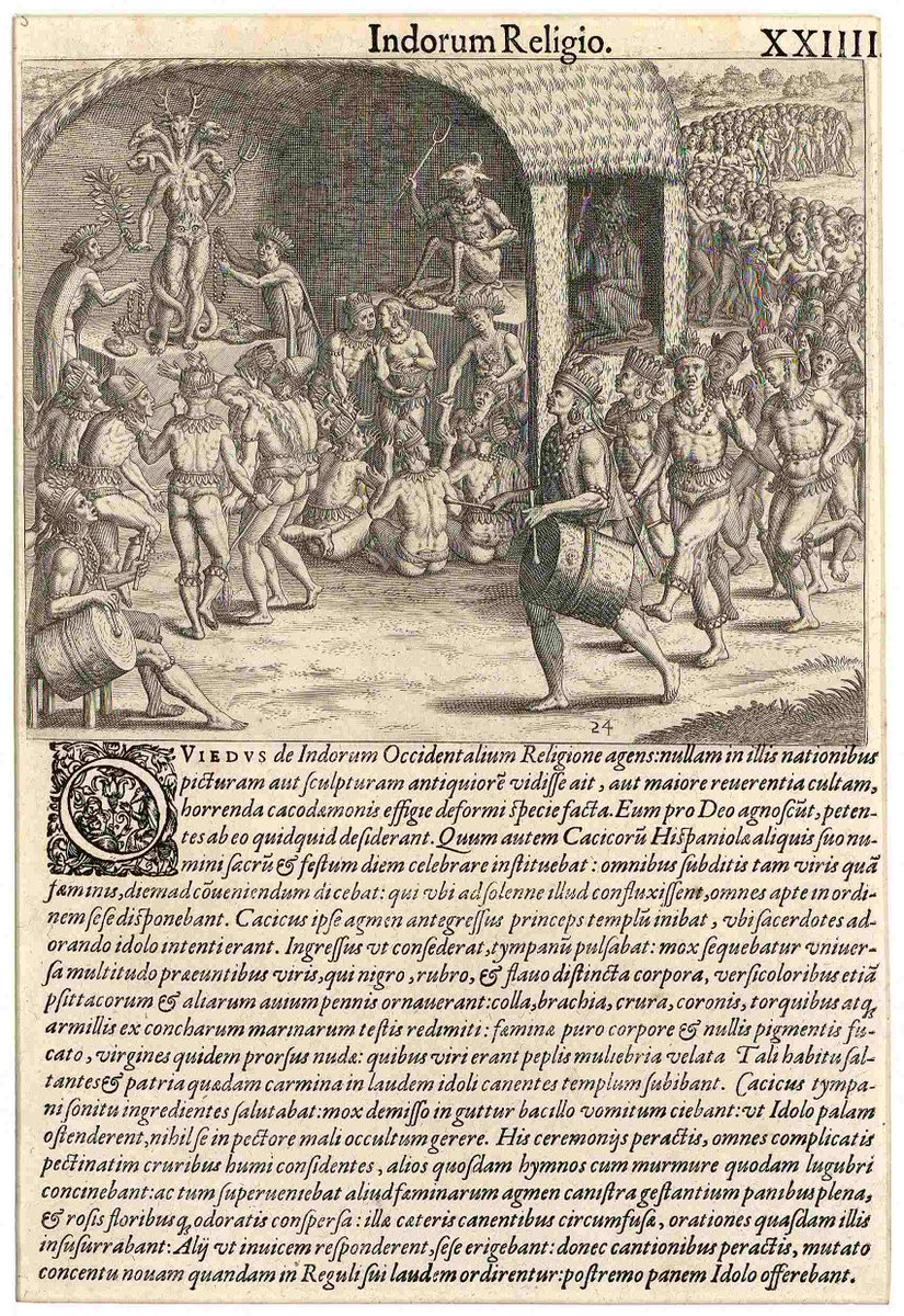 LauraMCamasta's tweet photo. 2. Grabado donde se observa la realización un ritual religioso el cual practicaban los taínos, mayormente hombres. (Podría ser el areito, notar la exageración de los colonizadores al representar cabezas diabólicas) https://t.co/jkRQCUxUg3