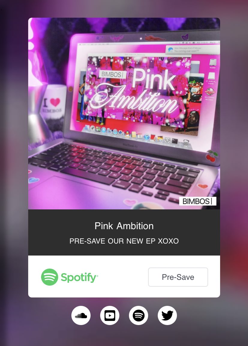 CARBZX's tweet photo. BIMBOS new upcoming EP “Pink Ambition” is now available for pre-save for Spotify. It will be released November 28th. 

pre-save now: https://t.co/7ba7lmCB6a

#PinkAmbition #NoPixelMusic #BIMBOS #NoPixel #WuChangRecords https://t.co/EjvsCH4I5w