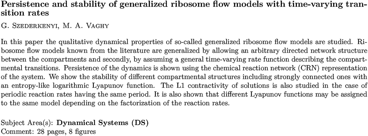 arxiv.org/abs/2211.10653…
G Szederkenyi, M A Vaghy
Persistence and stability of generalized ribosome flow models with
  time-varying transition rates