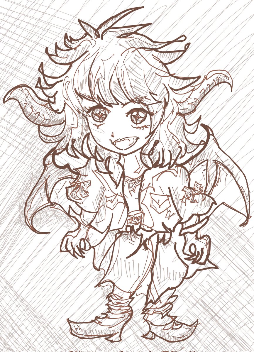 monochrome solo horns wings 1girl sketch open mouth  illustration images
