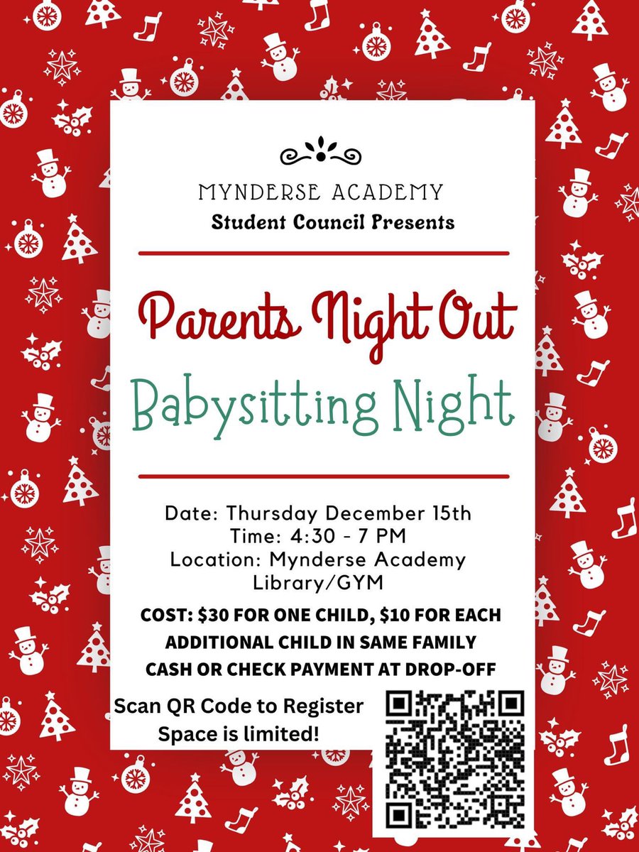 MrsKesslerMath's tweet image. Sign up your kids for our Parents Night Out babysitting fundraiser for grades k-5!  Scan the QR Code to sign up