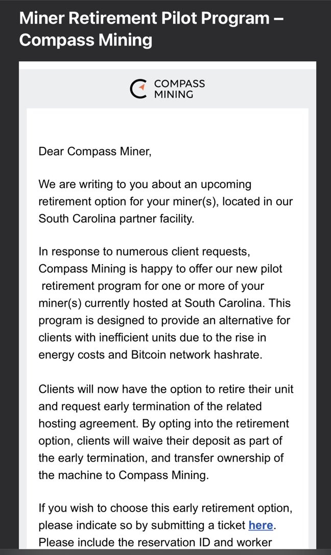 MiningScandals's tweet photo. NEW: Compass rolls out retirement options for users to sign over their deposits and unprofitable machines to Compass. https://t.co/xQuqQBAIlv