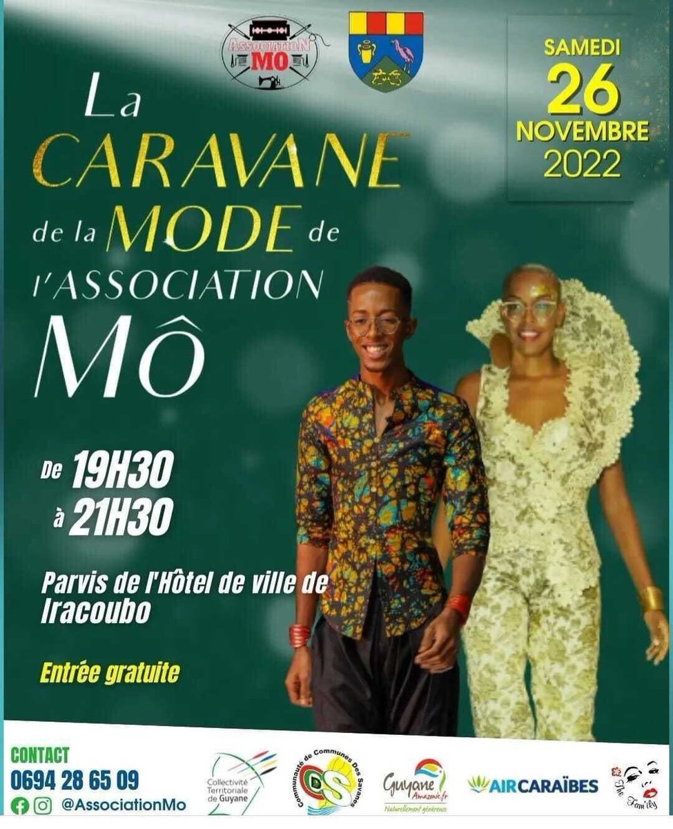 resca_culture's tweet photo. 🧵 La Caravane de la Mode de l’Association MÔ vous présente son show ce samedi 26 novembre de 19H30 à 21H30 sur le parvis de l’hôtel de ville de Iracoubo. L’entrée est gratuite. https://t.co/M0QM8mjgf7
