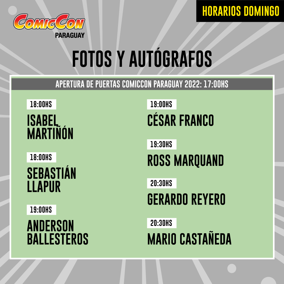ComicConPy's tweet photo. Horarios y actividades del domingo 27 en la ComicCon Paraguay 2022-Conmebol

Entradas en @RedUTS_Py  y sus Puntos de venta 

#ComicConPy2022 #comics #anime #cosplay #KPOP https://t.co/vycqKUmPcg