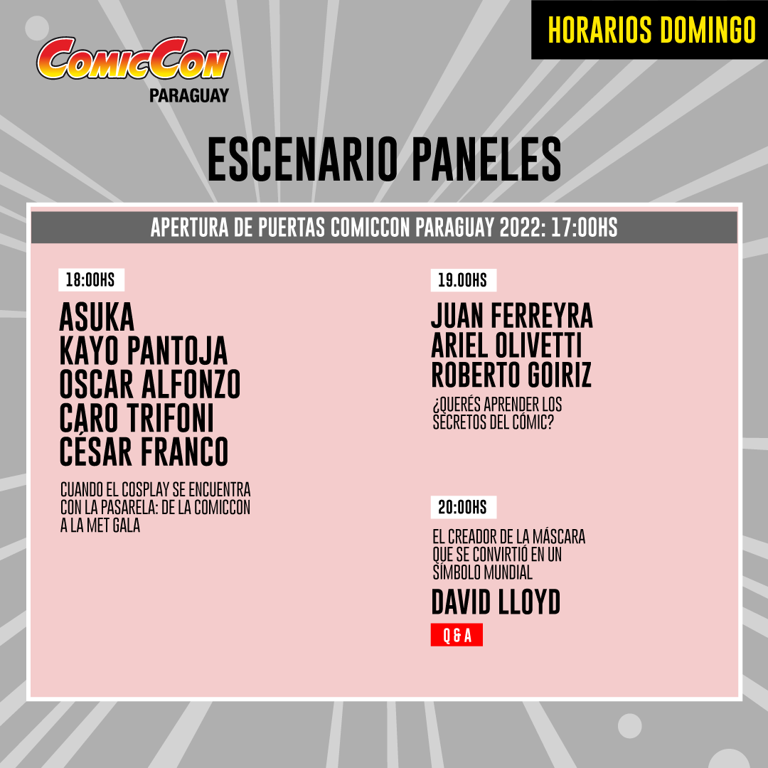 ComicConPy's tweet photo. Horarios y actividades del domingo 27 en la ComicCon Paraguay 2022-Conmebol

Entradas en @RedUTS_Py  y sus Puntos de venta 

#ComicConPy2022 #comics #anime #cosplay #KPOP https://t.co/vycqKUmPcg