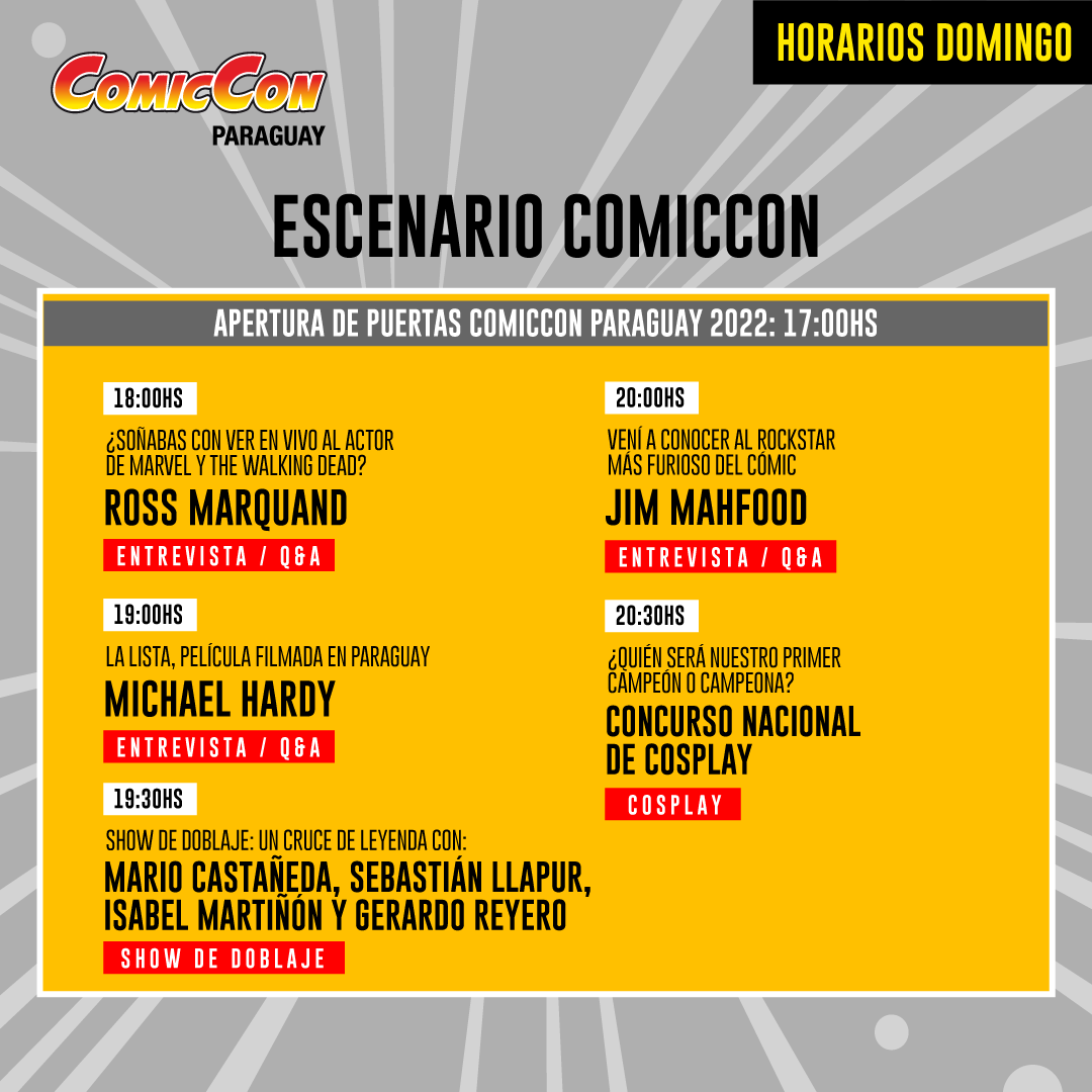 ComicConPy's tweet photo. Horarios y actividades del domingo 27 en la ComicCon Paraguay 2022-Conmebol

Entradas en @RedUTS_Py  y sus Puntos de venta 

#ComicConPy2022 #comics #anime #cosplay #KPOP https://t.co/vycqKUmPcg