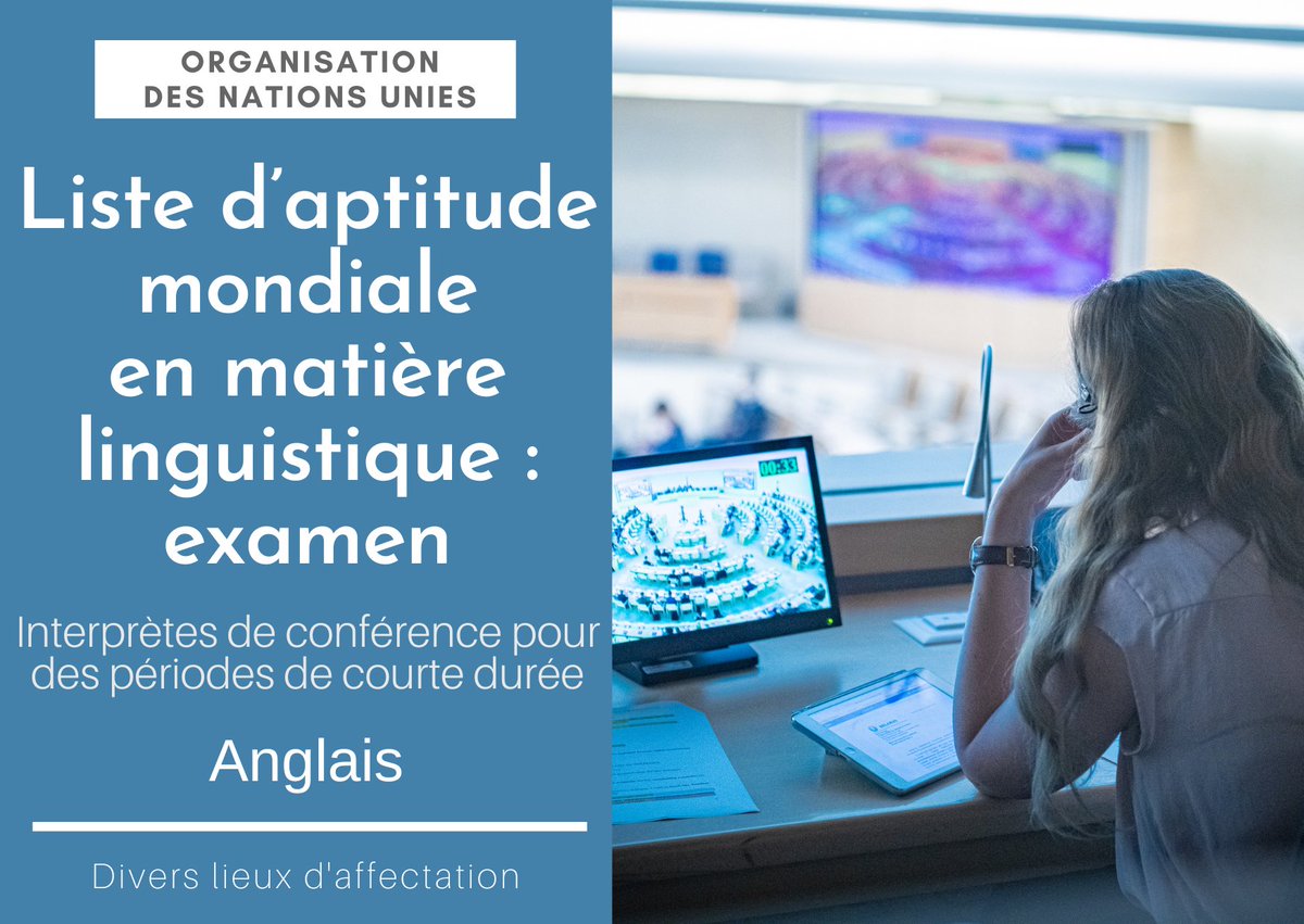UNDGACM_FR's tweet photo. 📣 Attention! La date limite de dépôt des candidatures à l'examen d'#interprète temporaire de langue anglaise à l'ONU 🇺🇳 approche!

🗓️ Vérifiez les critères d'éligibilité et envoyez vos candidatures au plus tard le 2⃣4⃣ novembre, 23h59, heure de New York👉🏾https://t.co/IRCgFcLFo9 https://t.co/B6rMrGP4RL