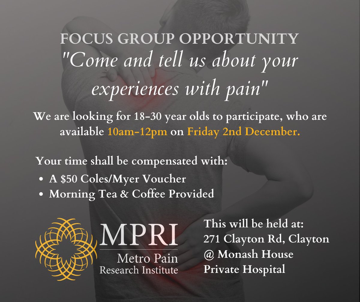 MPRIresearch's tweet photo. We have another opportunity for you to join our Focus Groups.

Our next in-person session will take place at 10am on Friday the 2nd of December.
Visit our website to register your interest:
https://t.co/Ix6drWP1iQ

#clinicalresearch #chronicpain #research https://t.co/8ReQ4qJH3p