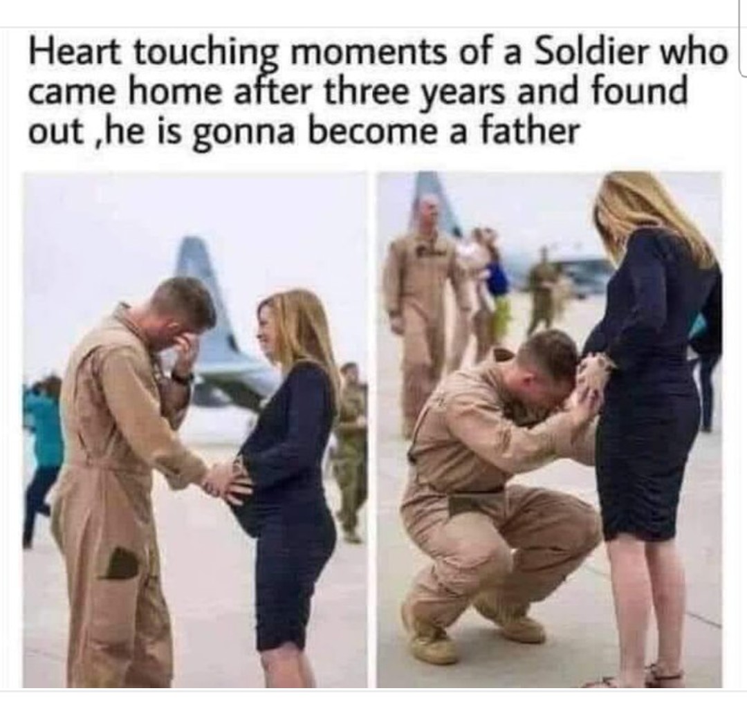 BestBefore2day's tweet photo. Moment touchant: Un soldat revient à la maison après 3 ans et découvre qu'il va devenir papa... https://t.co/eyAt9gwF7t