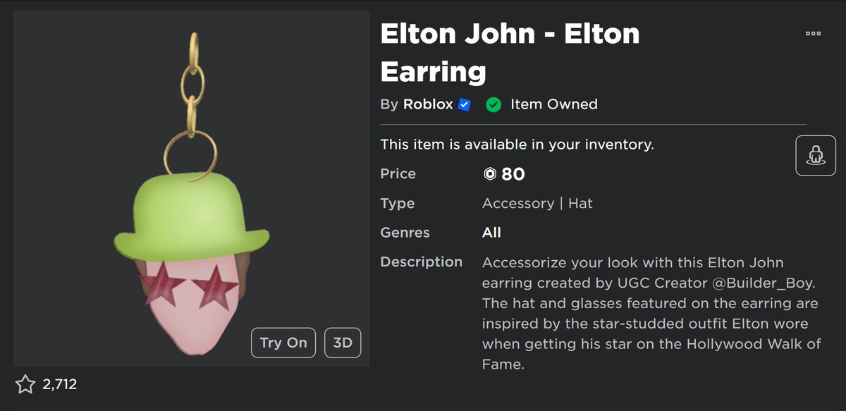 My 'Elton John' earring is onsale for a limited time! Be sure to snag it before it's gone! @eltonofficial is an icon that is recognizable in our culture and I used this piece to highlight his silhouette and star power. #Roblox #Robloxugc #Digitalfashion roblox.com/catalog/115304…