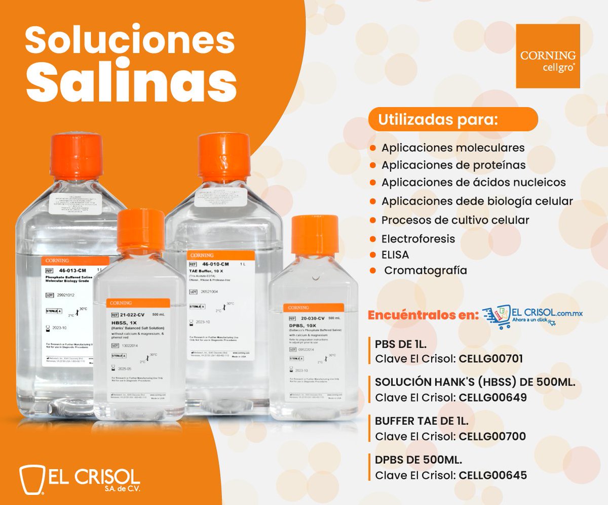 el_crisol's tweet photo. En EL CRISOL tenemos una gran variedad de soluciones salinas de la marca Corning™ cellgro™ para tus medios de cultivo.
#ElCrisol #corning #cellgro #solucionessalinas #laboratorio #Tiendaenlinea https://t.co/loYPVMYkvT
