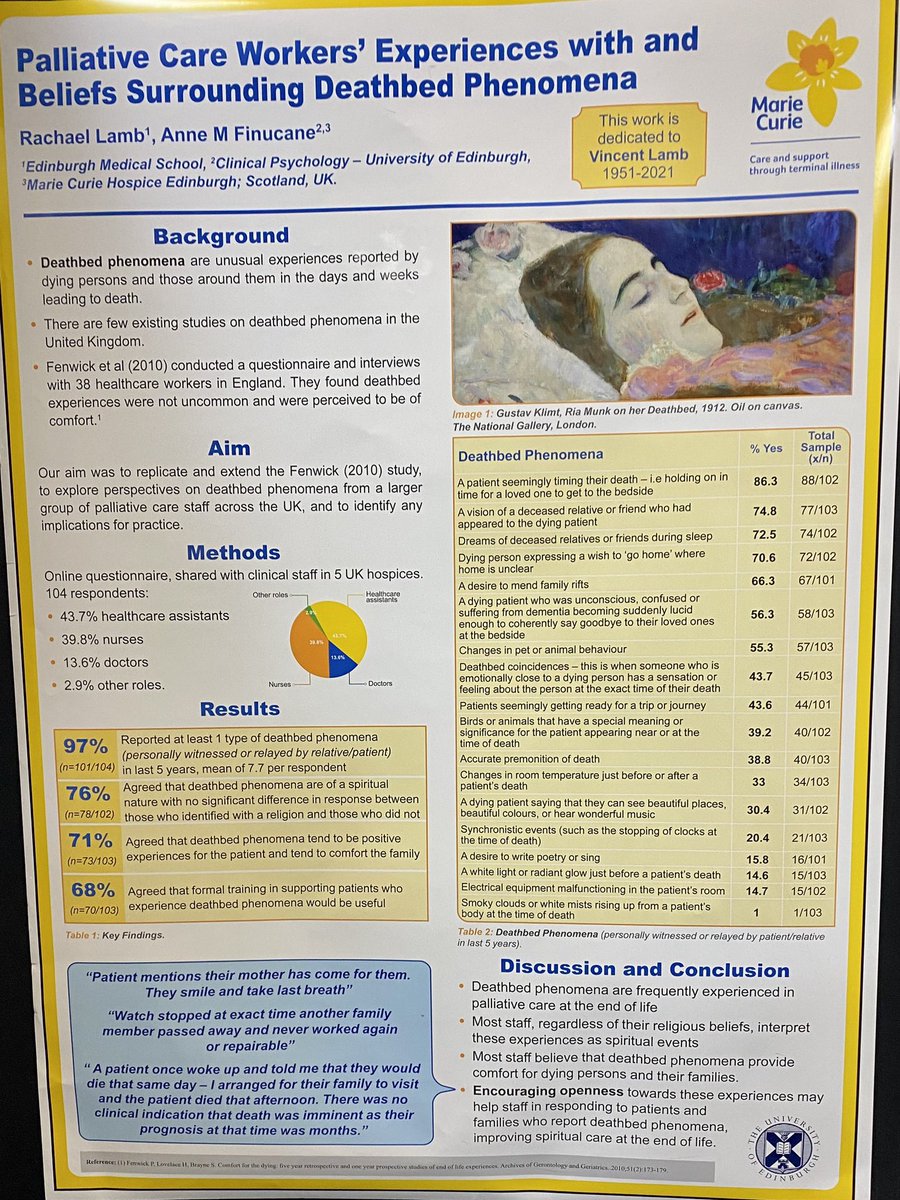 #HUKConf22 Find out more about deathbed phenomena or unusual experiences at the end of life.  Poster no.100. Led by one of our fabulous medical students at the uni of edinburgh  @rachael__lamb