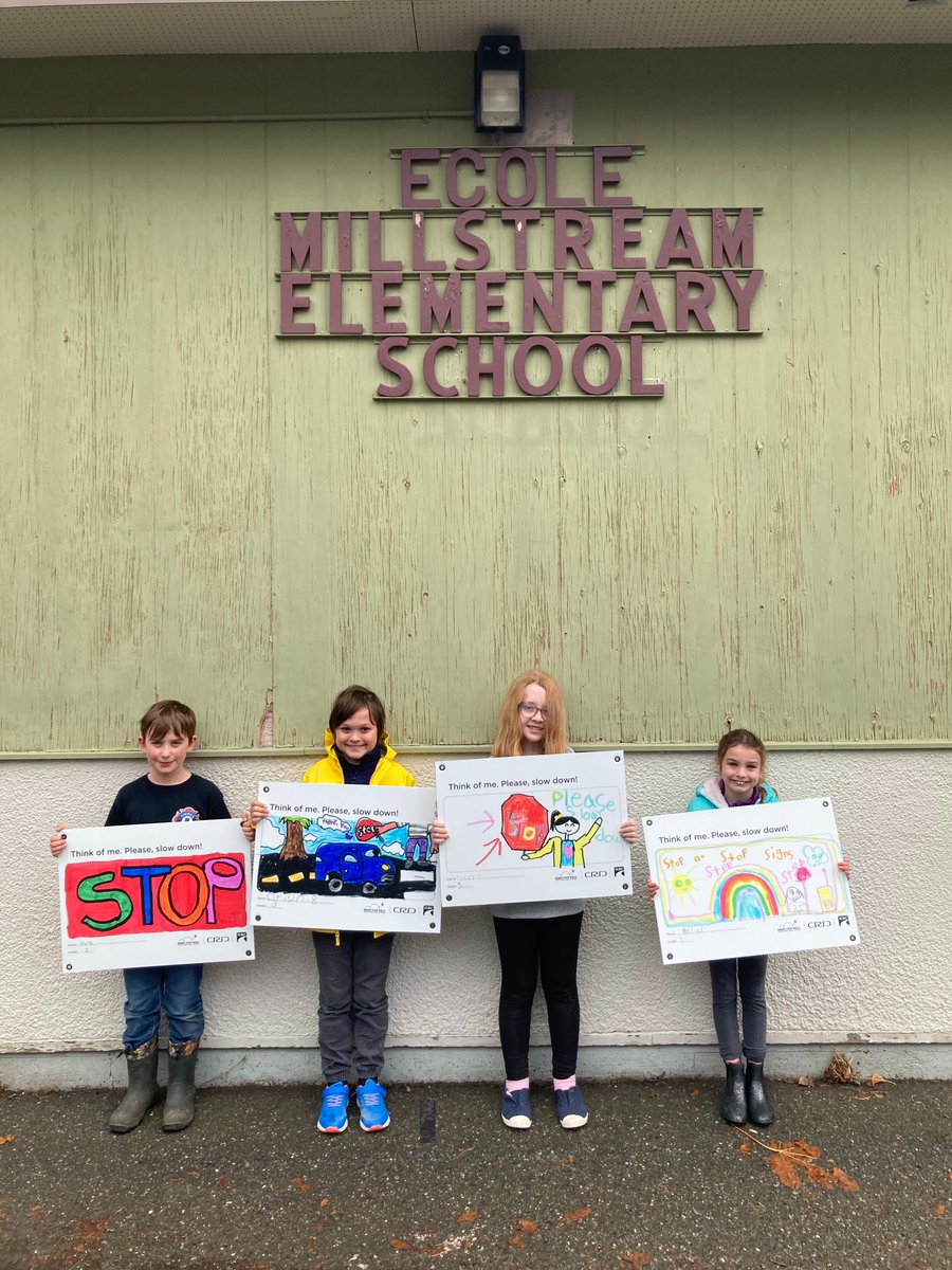 RoadSafetyCWoo's tweet photo. Millstream Elementary @SD62_Sooke proudly displayed their road safety messages for drivers while  @WestshoreRCMP conducted enforcement in the school zone.  @crd @icbc https://t.co/LUmrP0DBQ2