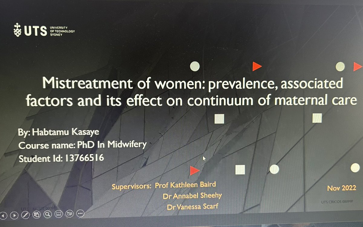 Congratulations to @Habte_Ke on your Stage 3 presentation ‘Mistreatment of women: Prevalence, associated factors and it’s effect on continuum of maternal care’ #FOHRSC2022 @UTS_Health @utsSoNM sups @kbaird20 @AnnabelSheehy @VScarf