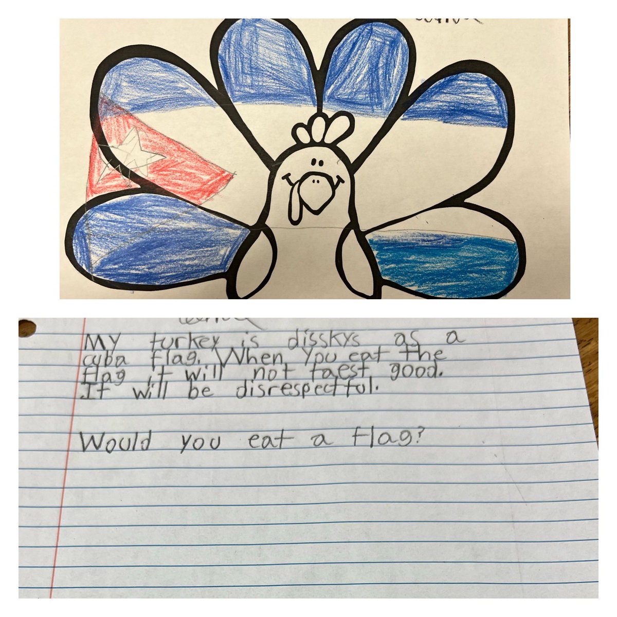 csg0623's tweet image. Who said 5th graders cant have fun on the last Full Day before Thanksgiving!!!! Disguise the Turkey to save them from the Thanksgiving Table!! We have Camp, a flag, a cow, a Cuban and Spanish Flag!! Happy Turkey Day!!!