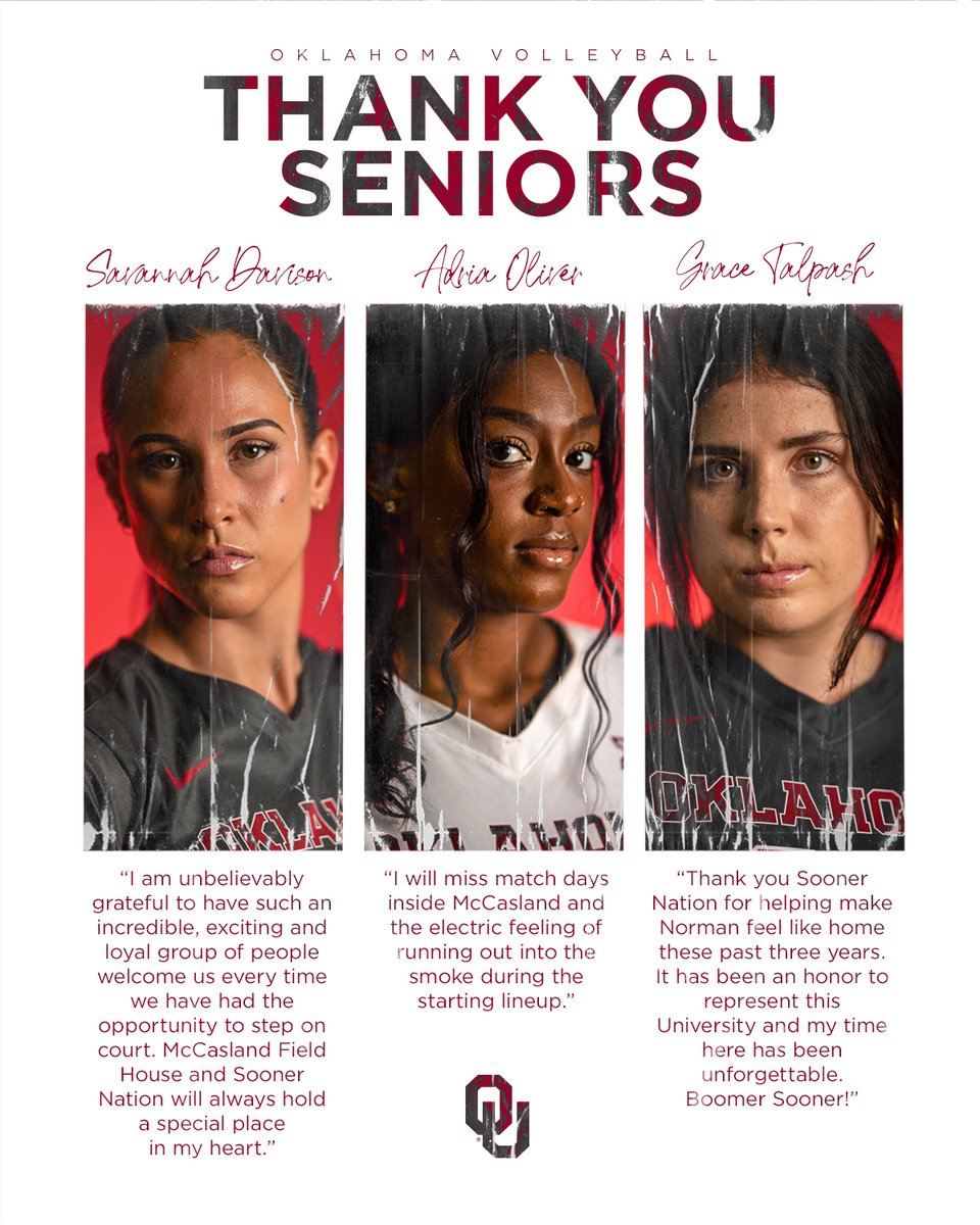 OU_Volleyball's tweet photo. Let's do it for 𝐎𝐔𝐫 𝐬𝐞𝐧𝐢𝐨𝐫𝐬 this week! 👏👏👏

🔴 @_davisons 
⚪️ @aiivvx 
🔴 @GraceTalpash 

📝 https://t.co/wUD5bJJ1zK | #BoomerSooner https://t.co/BDESAG67fp