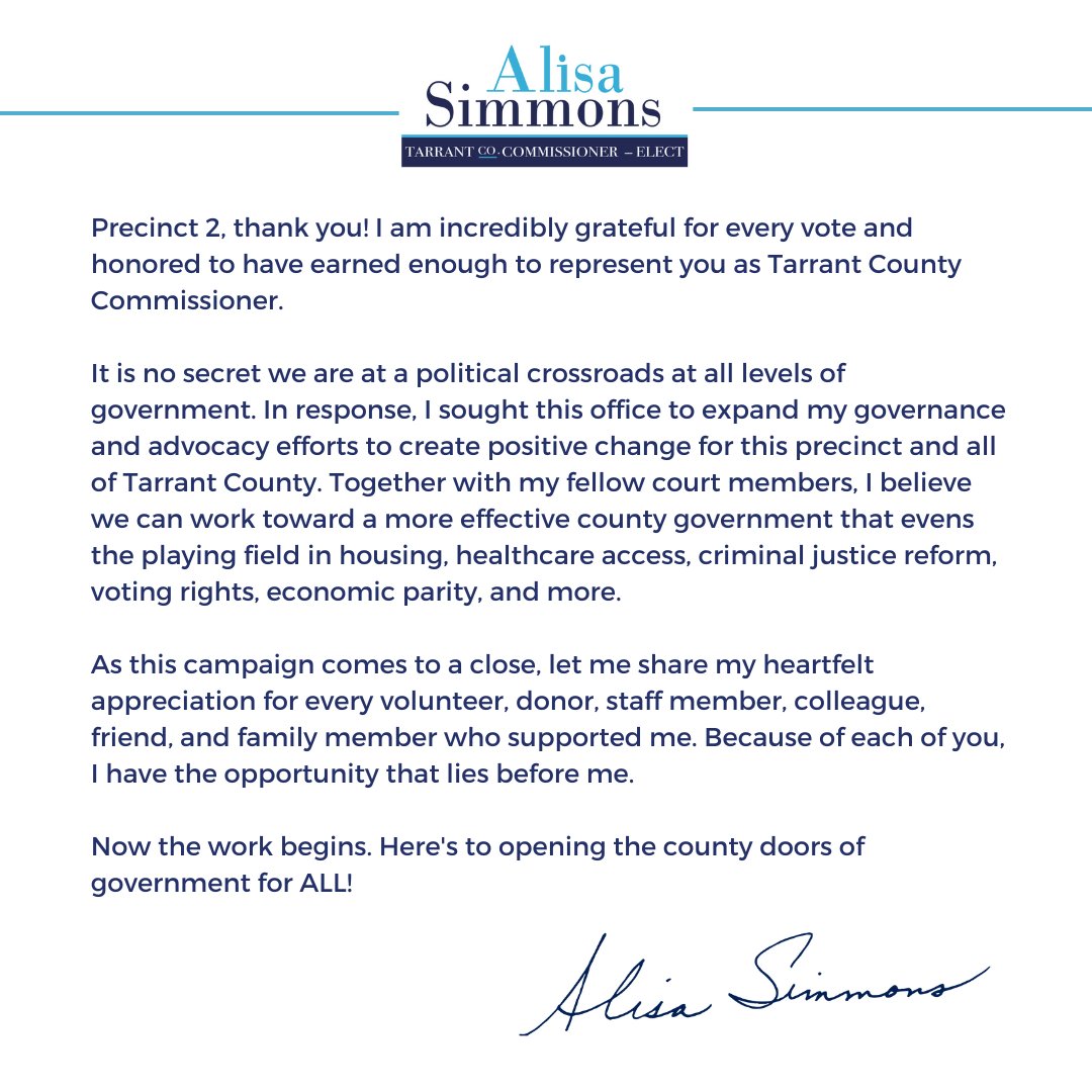 alisafortarrant's tweet photo. Precinct 2, thank you! I am incredibly grateful for every vote and honored to have earned enough to represent you as Tarrant County Commissioner.

Now the work begins. Here's to opening the county doors of government for ALL! https://t.co/MkOkcrAVPG