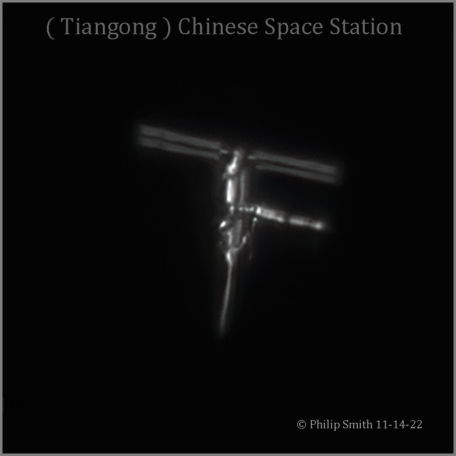 On 11-12-22  the Tianzhou-5 module docked to the Tianhe-1 Core Module. I imaged twomdays after Tianzhou-5 Module docked to Tiangong  Chinese Space Station New  T  Configuration in poor seeing at Max 49° pass on 11-14-22 from my Manorville NY Observatory. Kind Regards To ALL :-)