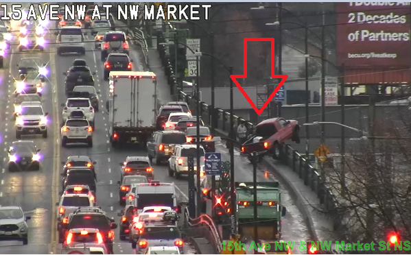SDOTtraffic's tweet photo. Collision at the Ballard Bridge blocking SB right lane. Use caution. https://t.co/ZfpVxL6QwH