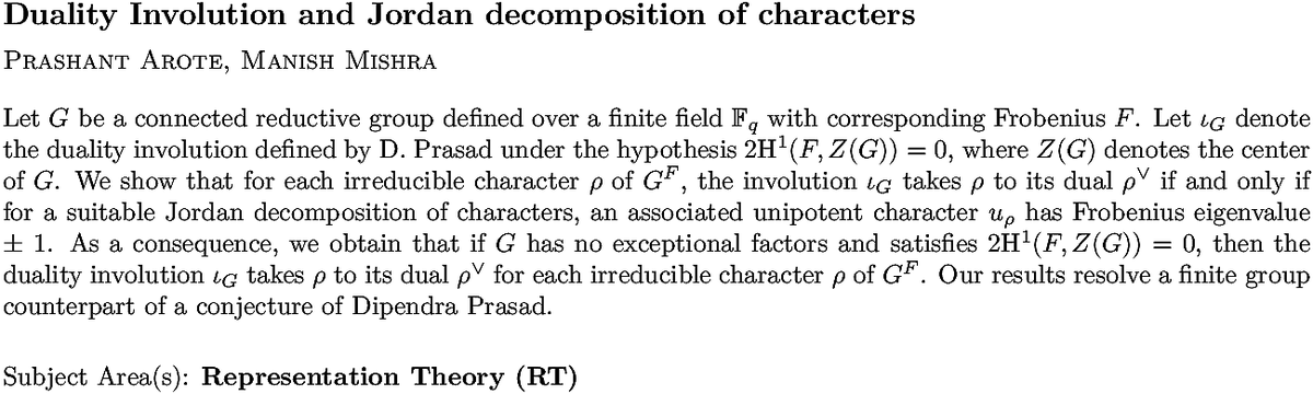 arxiv.org/abs/2211.11395…
P Arote, M Mishra
Duality Involution and Jordan decomposition of characters