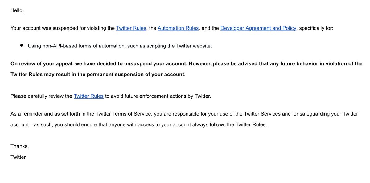 Hello 👋  I'm back!

There is still staff working at @TwitterSupport. My account was 'permanently suspended' 2 weeks ago.  They thought I was a bot!  The only 'automated scripting' I use is #Linktree 

Thanks <a href="/ThrashSydney/">🇦🇺ThrashSydney🏴‍☠️</a> <a href="/AUSNFT_Official/">🇦🇺AUS.NFT</a> <a href="/DiscoStuMc/">disco stu</a> for all the help and support