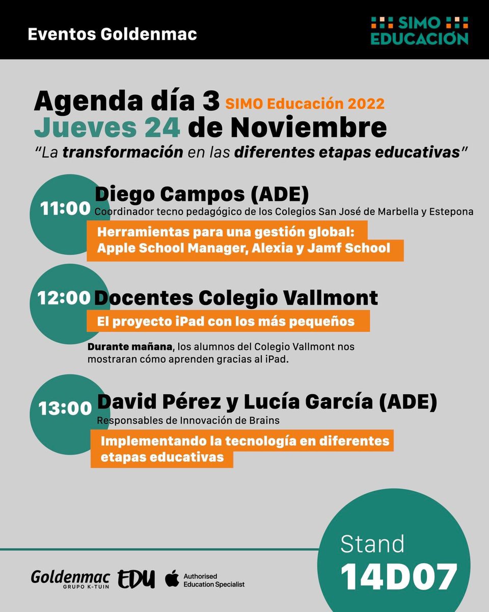 davidpl79's tweet photo. Este miércoles primera toma de contacto con #simo22. El jueves estaré a las 11:30 en el stand de @edpuzzle_es sobre mobile learning en @Colegio_Brains y a las 13:00 con @GoldenmacEDU sobre la implantación del ecosistema Apple en las diferentes etapas. #AppleDistinguishedSchool https://t.co/pmTSeGvVhu