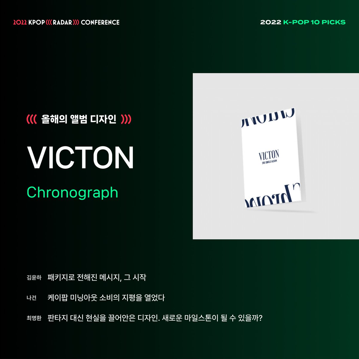 kpopradar_twt's tweet photo. 2022 K-POP RADAR CONFERENCE 
2022 K-POP 10 PICKS [앨범 디자인] 🏅

김윤하, 나건, 최명환의 10 PICKS 
"VICTON - Chronograph"
@VICTON1109  

선정 코멘트&amp;발표영상 확인💕 https://t.co/L6hqYQG4Dp
#KPOP #BEST_ALBUMDESIGN_OFTHEYEAR #VICTON https://t.co/gEh3SZLXXD
