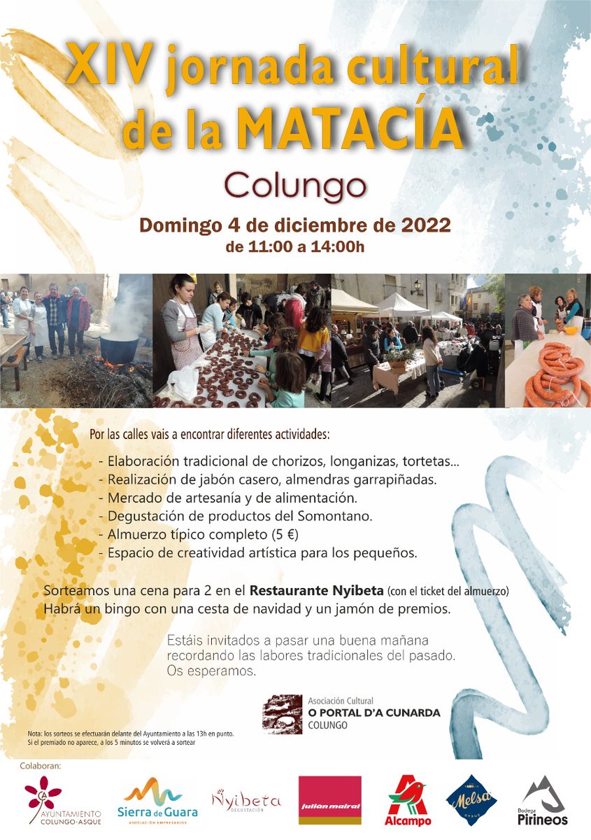 DaCunarda's tweet photo. Os presentamos el cartel de la Jornada Cultural de la Matacia que se celebrará el domingo cuatro de diciembre. Estáis invitados a pasar una buena mañana recordando labores del pasado. Gracias a las entidades y establecimientos que colaboran, os esperamos. #Colungo #matacia https://t.co/a6O6BA1LQc
