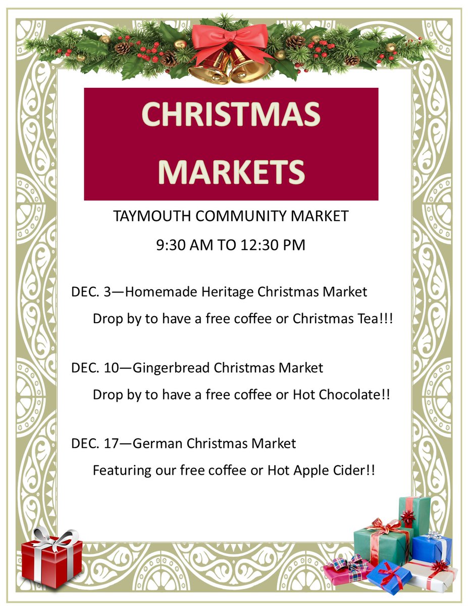 Introducing the Taymouth Market Christmas Markets schedule. Our themes are listed and each market we are offering a special treat. Hope to see you there.
#market #christmasmarket #nashwaak #farmersmarket #countryliving