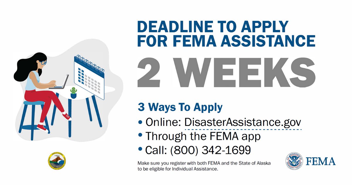 FEMARegion10's tweet photo. 📢 AK: If you were impacted by the west coast #AlaskaStorm, you have until Dec. 6 to apply for disaster assistance.
☑️Make sure you register w/ both @FEMA and @AlaskaDHSEM to be eligible for Individual Assistance.
More info: https://t.co/eRbZeg1rN4 https://t.co/HyZYnhpwLB