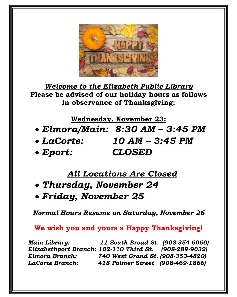 EPLNJ's tweet image. Tenga en cuenta que nuestra sucursal de Eport estará cerrada mañana y nuestras sucursales de Main, Elmora y Lacorte cerrarán temprano (3:45 p.m.). Estaremos cerrados el Jueves y el Viernes por el feriado. Reabriremos el Sábado con nuestro horario normal.
