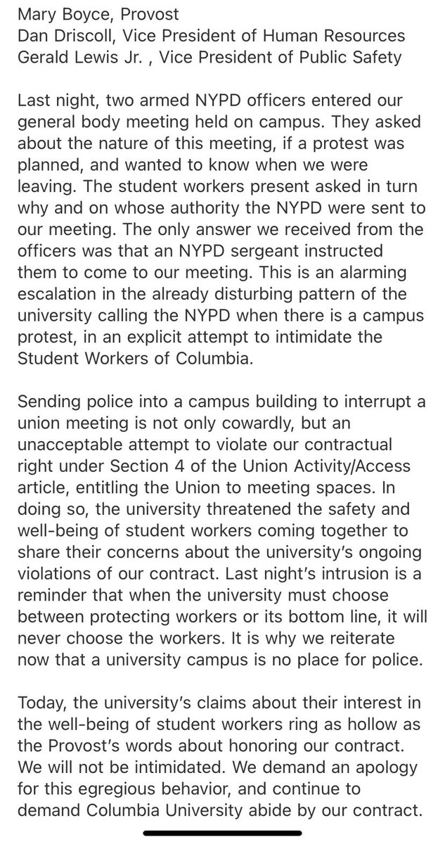 Letter from @SW_Columbia to @Columbia after they called the cops on our membership meeting #CopsOffCampus